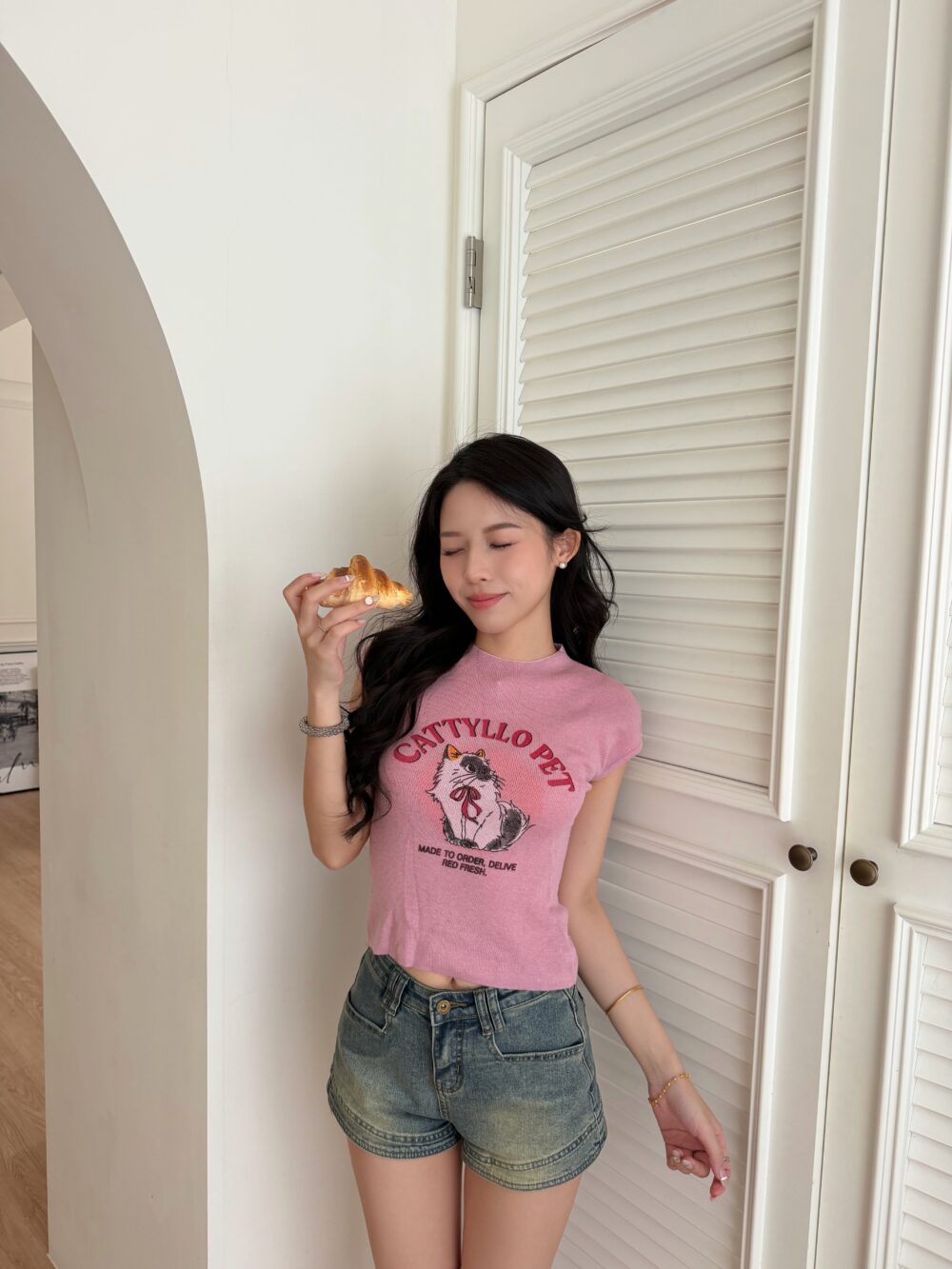 可愛貓咪三分袖針織上衣