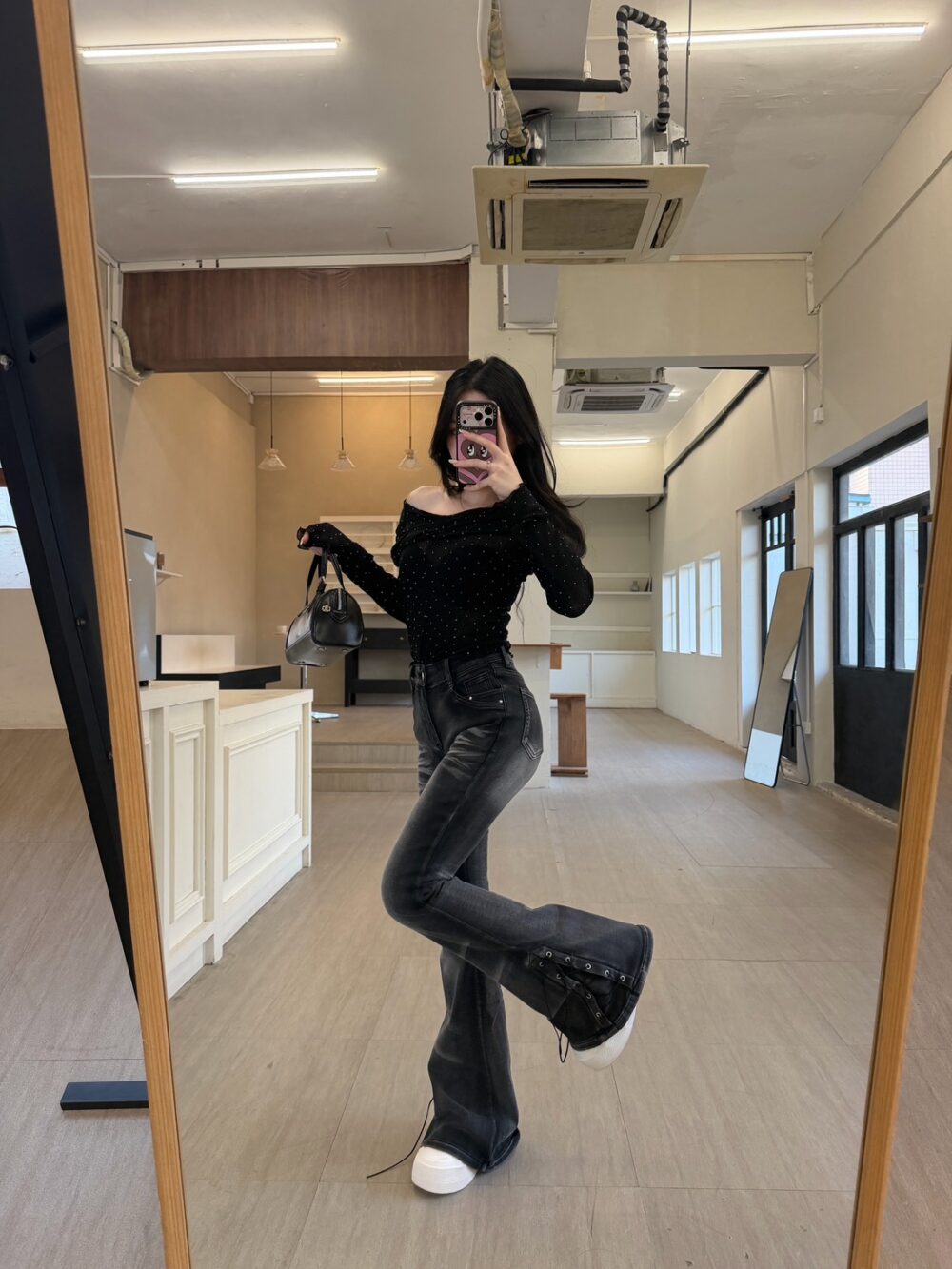 蝴蝶結綁帶牛仔喇叭褲