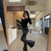 蝴蝶結綁帶牛仔喇叭褲